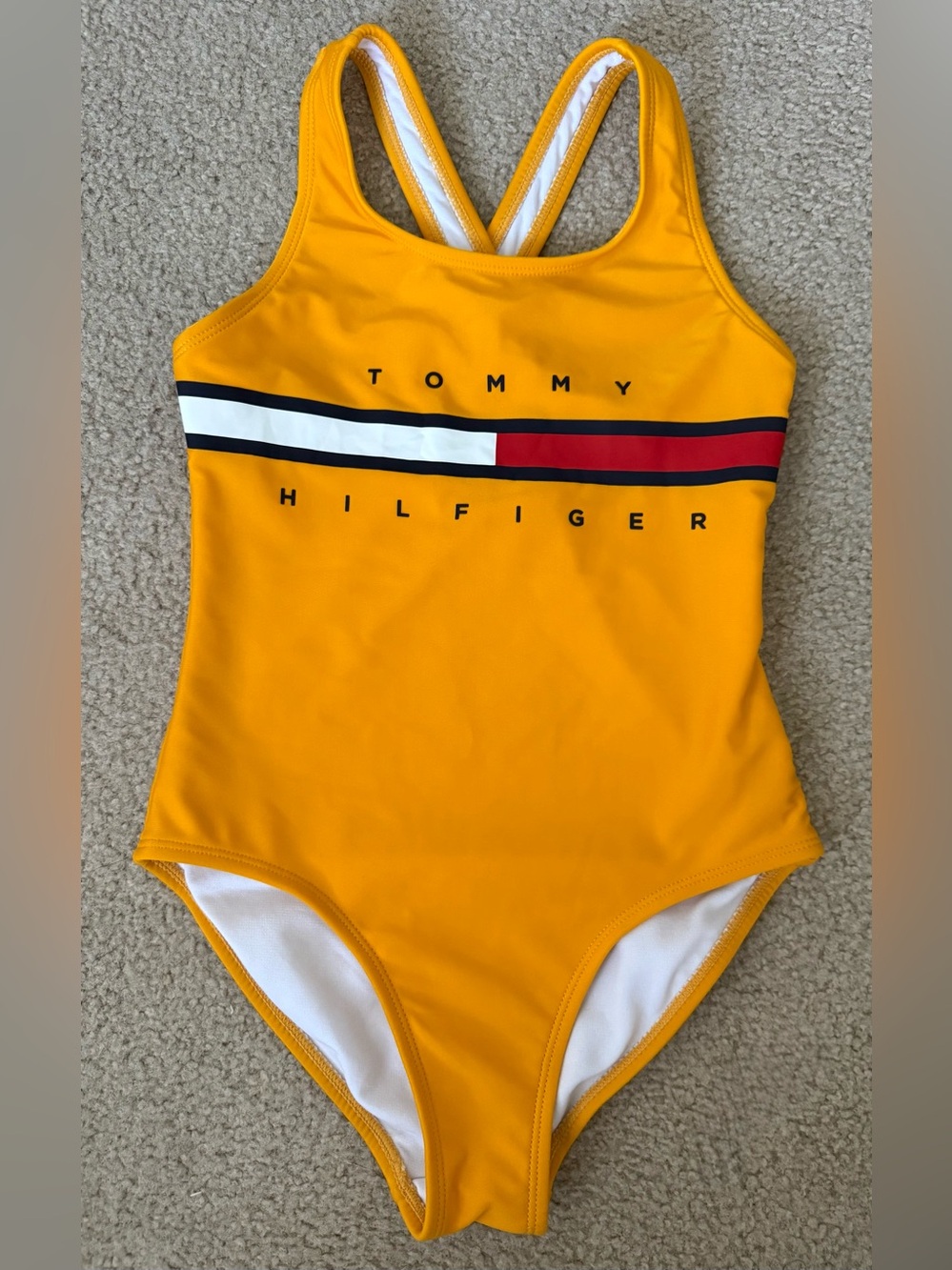 Tommy Hilfiger Girls' M 8/10 Mustard Yellow Swimsuit w/ Signature Logo Stripe